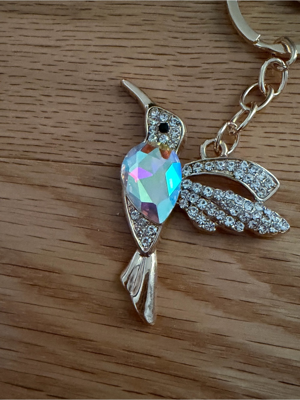 Gold Hummingbird Keychain with Iridescent Crystal and Rhinestones
